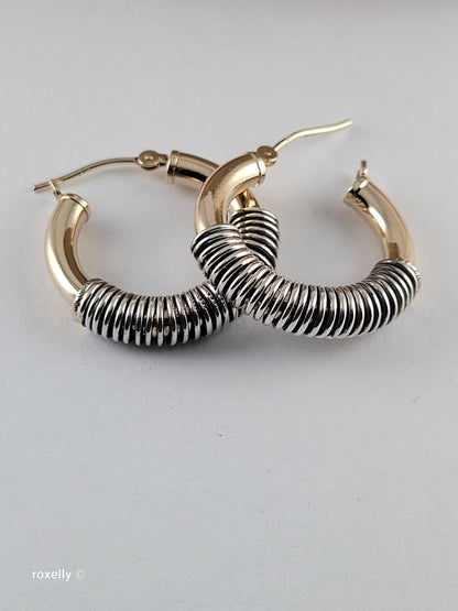 14K Solid Yellow Gold and Sterling Silver Spiral Hoop Earrings