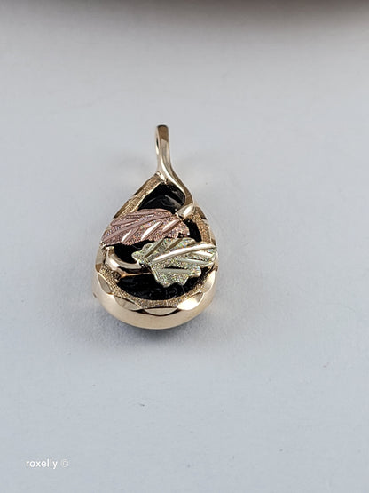 10K Black Hills, Yellow and Rose Gold Leaves and Onyx Teardrop Pendant, Solid Gold