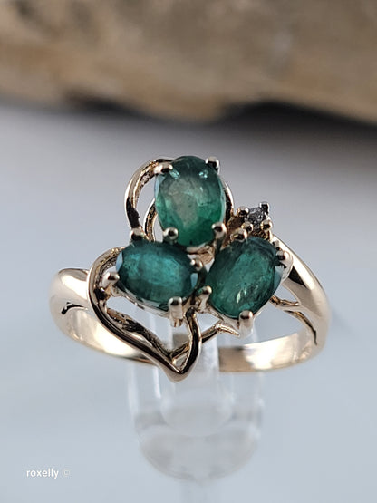14K Yellow Gold Emerald and Diamond Ring Size 5.75, Solid Gold