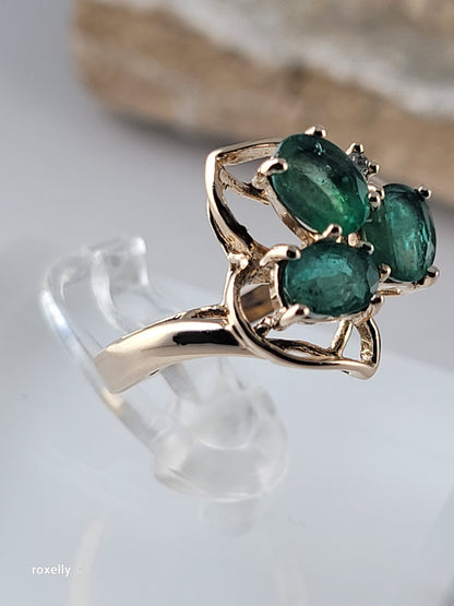 14K Yellow Gold Emerald and Diamond Ring Size 5.75, Solid Gold