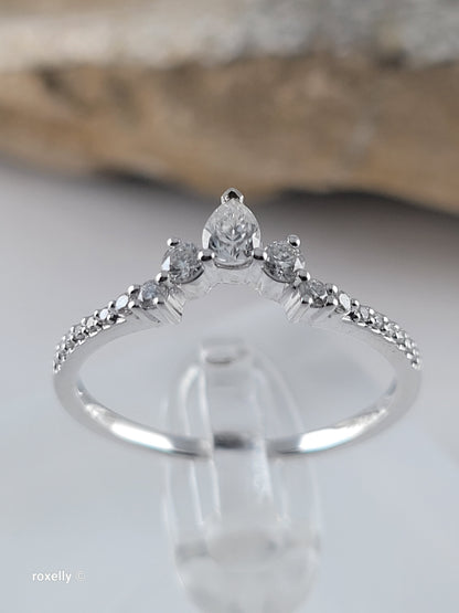 14K White Gold Genuine Diamonds Tiara Design Ring Size 8, Solid Gold