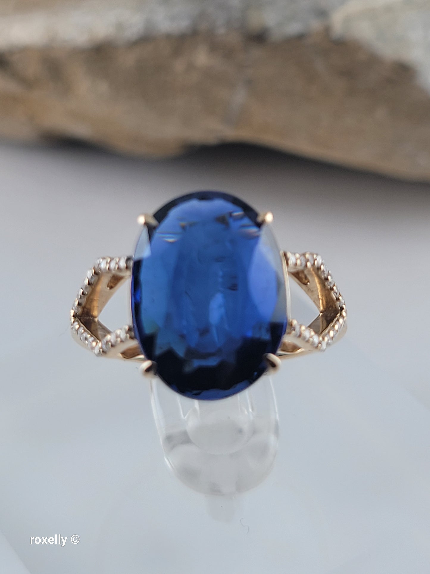 14K Yellow Gold Blue Sapphire and Diamonds Ring Size 6.75, Solid Gold