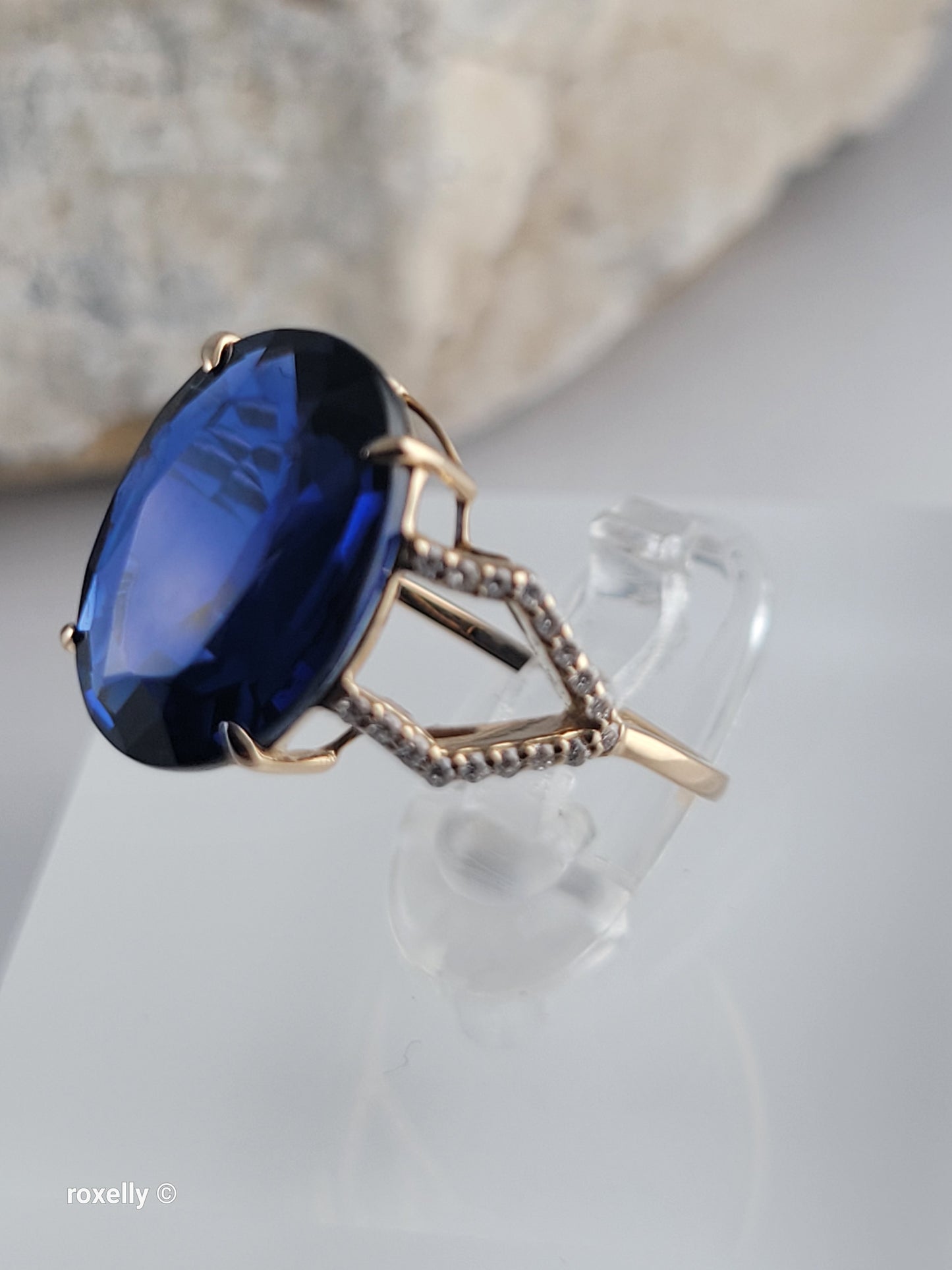 14K Yellow Gold Blue Sapphire and Diamonds Ring Size 6.75, Solid Gold