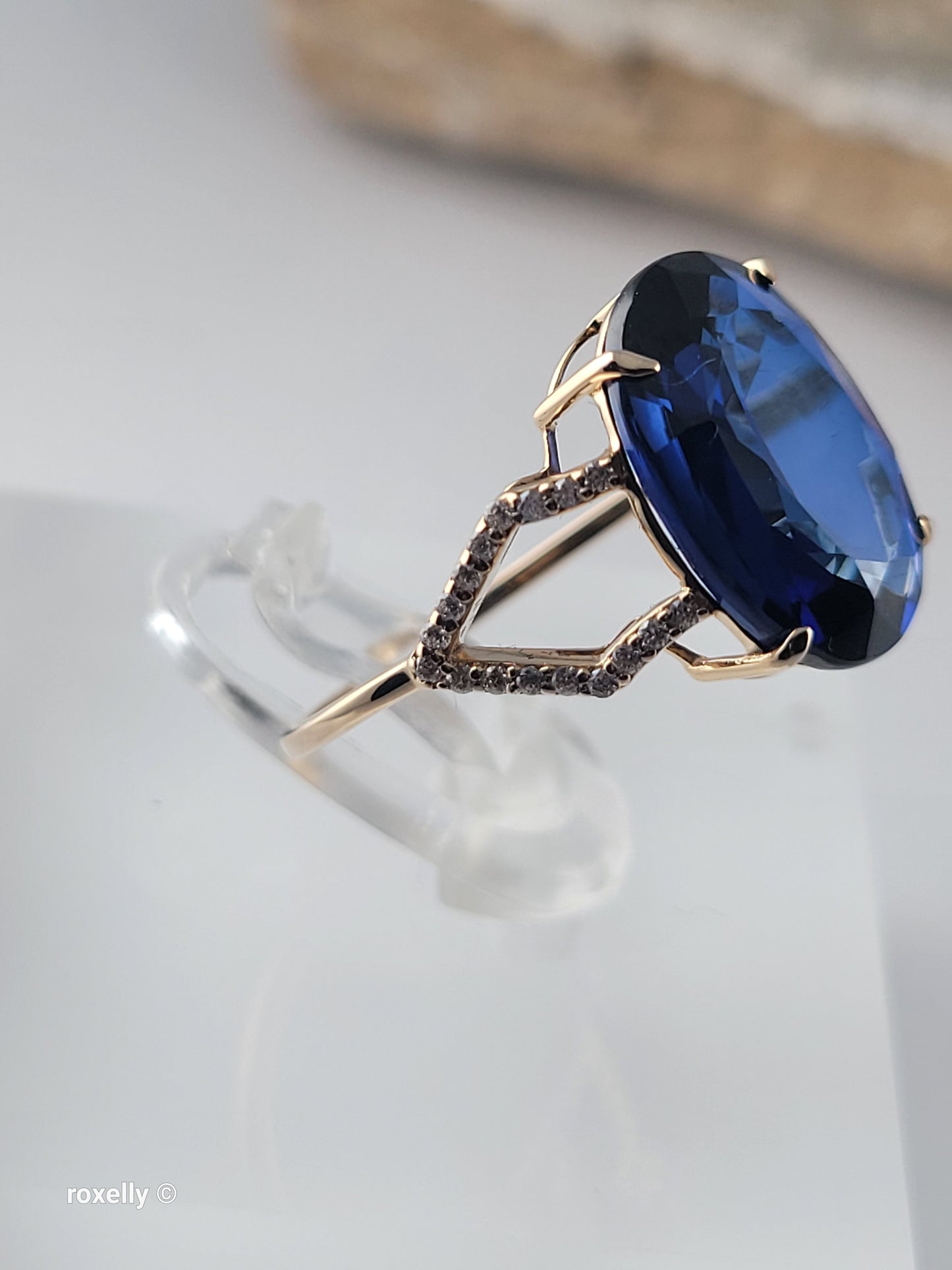14K Yellow Gold Blue Sapphire and Diamonds Ring Size 6.75, Solid Gold