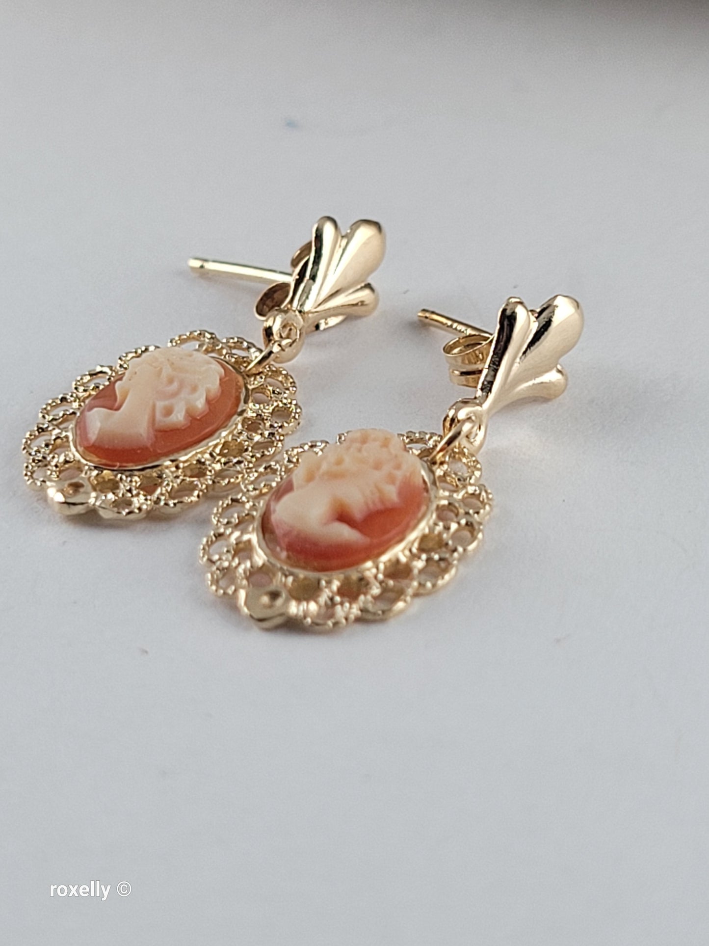 14K Yellow Gold Cameo Design Tiny Earrings, Solid Gold