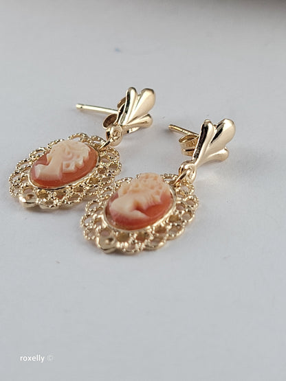 14K Yellow Gold Cameo Design Tiny Earrings, Solid Gold