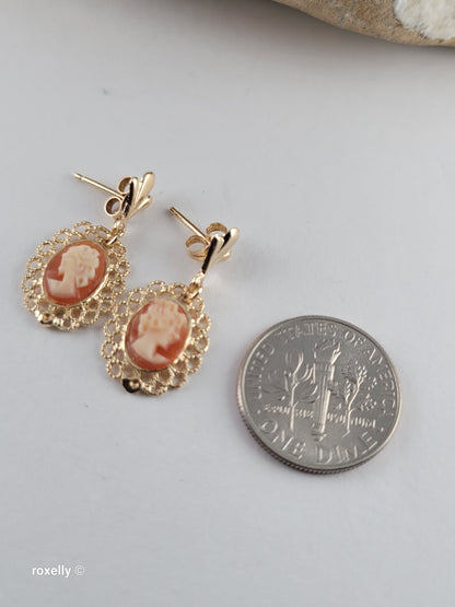 14K Yellow Gold Cameo Design Tiny Earrings, Solid Gold