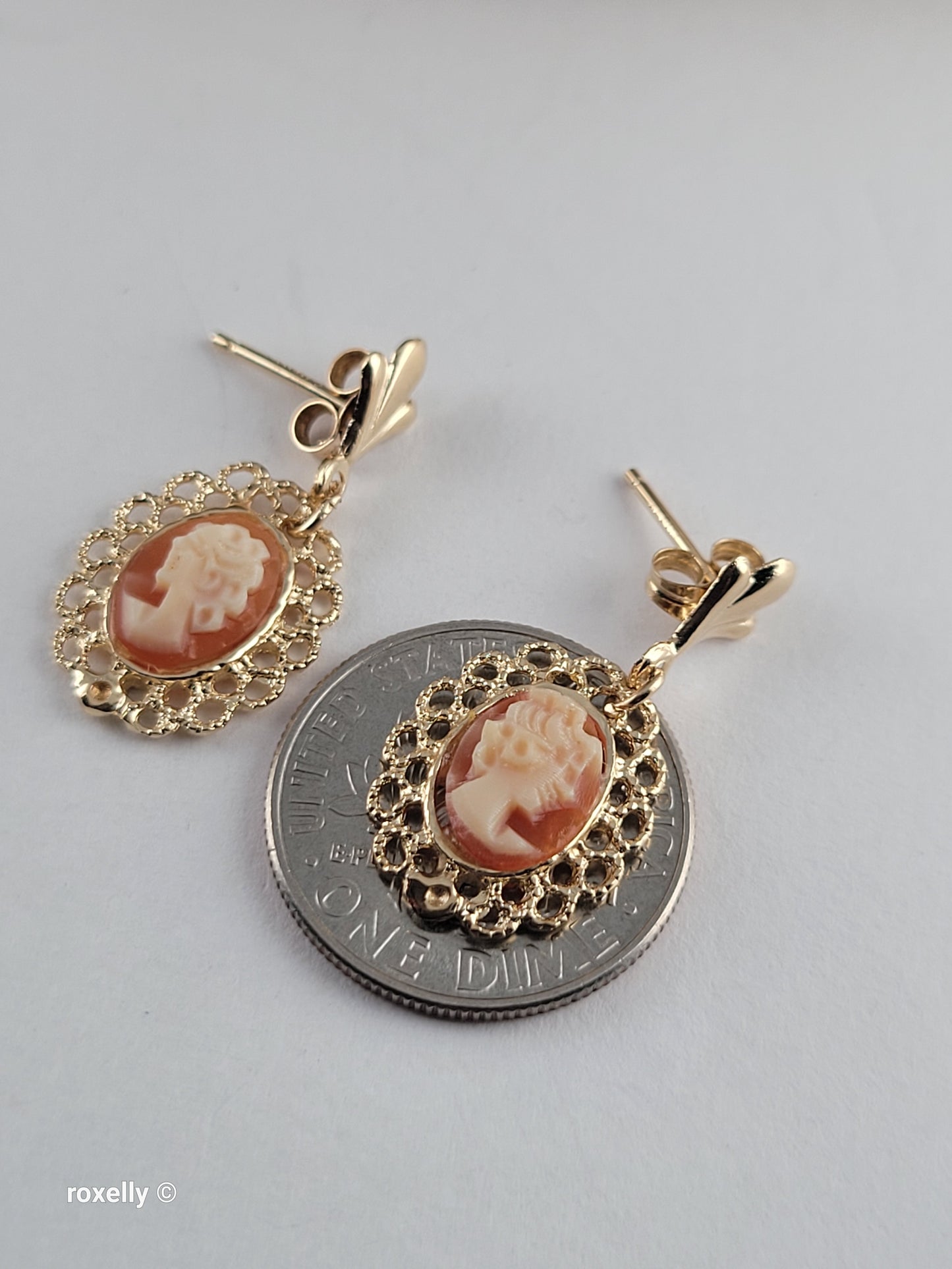 14K Yellow Gold Cameo Design Tiny Earrings, Solid Gold