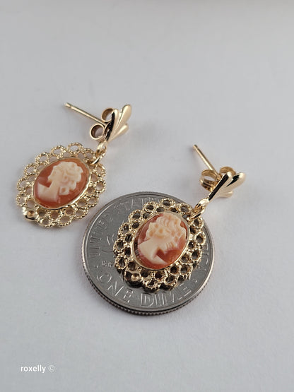 14K Yellow Gold Cameo Design Tiny Earrings, Solid Gold