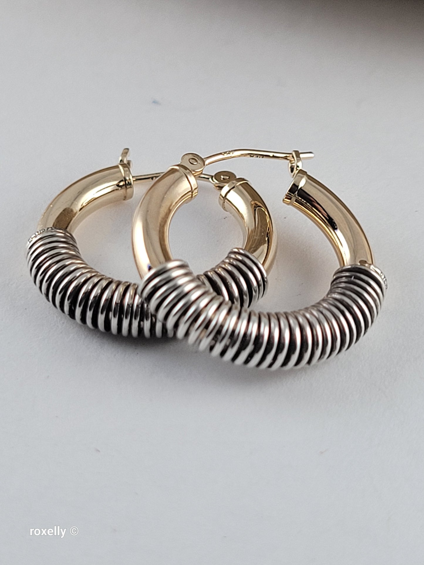 14K Solid Yellow Gold and Sterling Silver Spiral Hoop Earrings