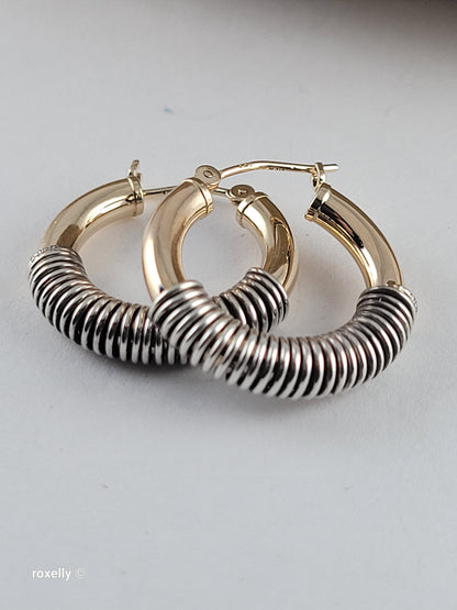 14K Solid Yellow Gold and Sterling Silver Spiral Hoop Earrings