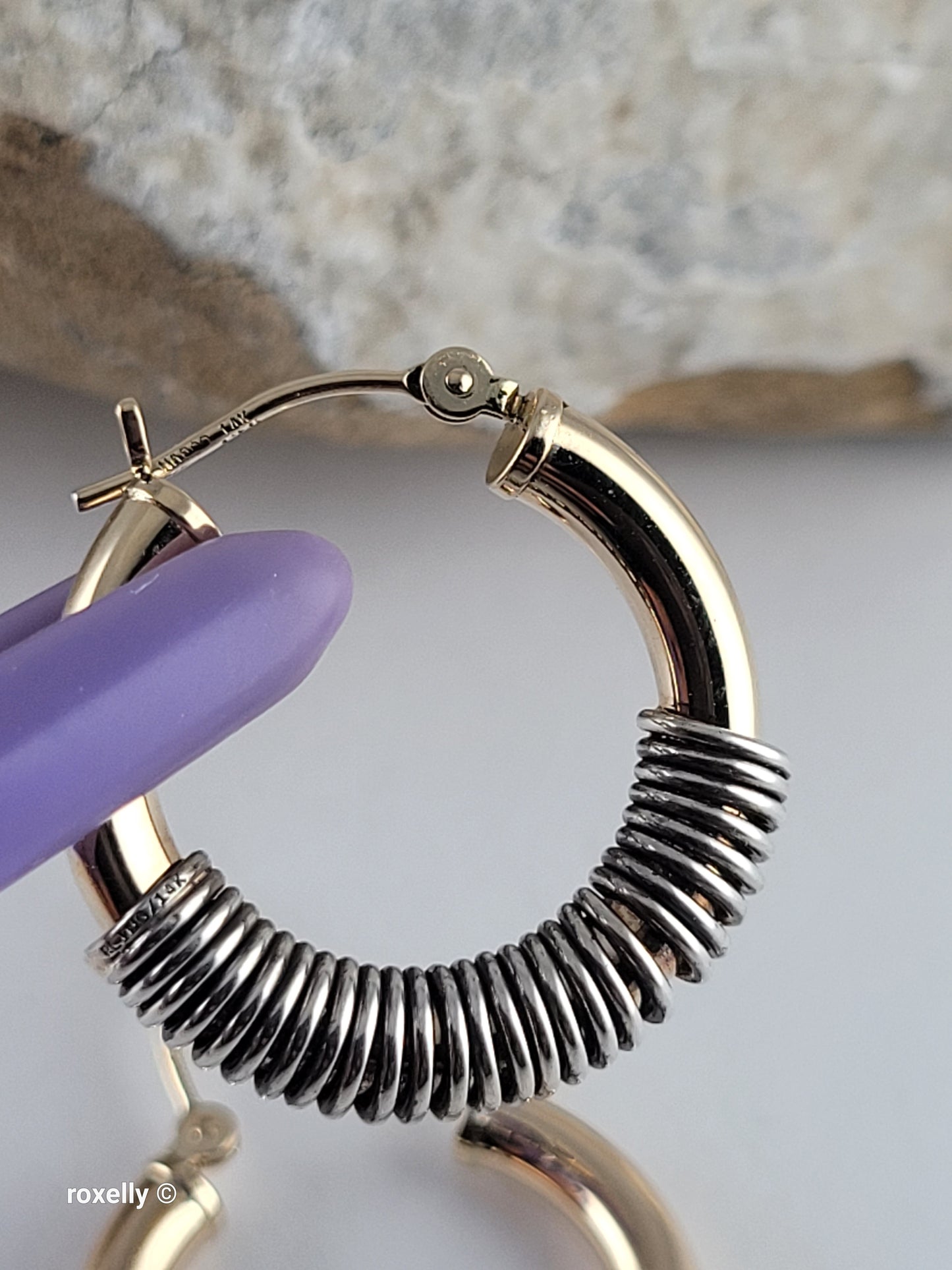 14K Solid Yellow Gold and Sterling Silver Spiral Hoop Earrings