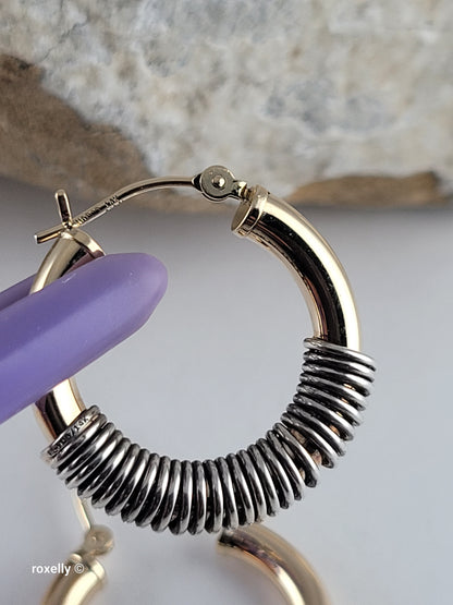 14K Solid Yellow Gold and Sterling Silver Spiral Hoop Earrings