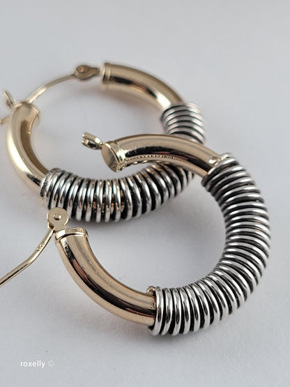 14K Solid Yellow Gold and Sterling Silver Spiral Hoop Earrings