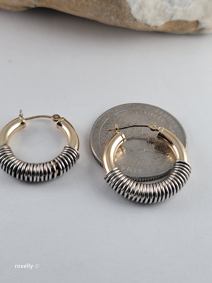 14K Solid Yellow Gold and Sterling Silver Spiral Hoop Earrings