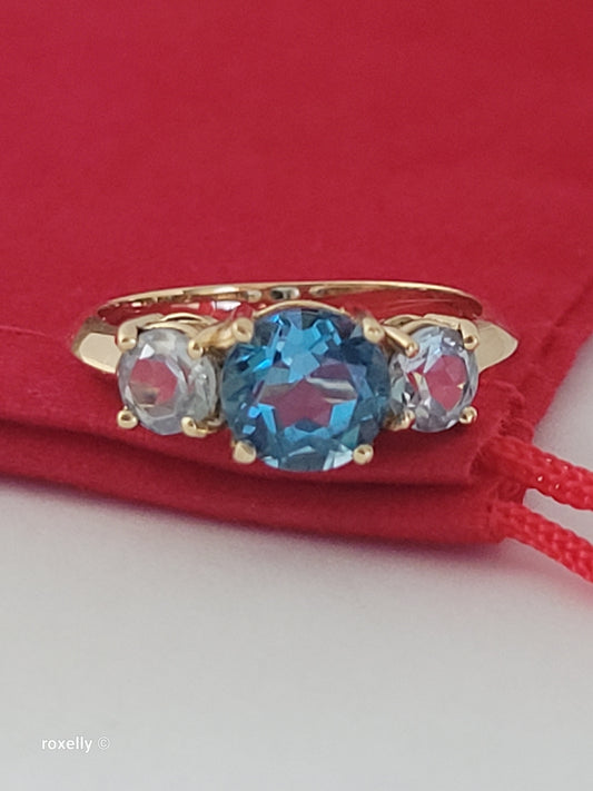 10K Yellow Gold Blue Topaz and Aquamarine Ring Size 6.5, Solid Gold