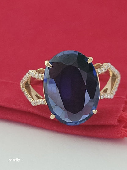 14K Yellow Gold Blue Sapphire and Diamonds Ring Size 6.75, Solid Gold