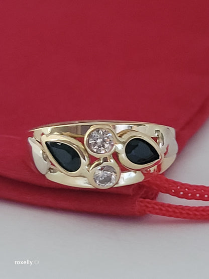 14K Yellow Gold Sapphires and CZ Ring Size 5, Solid Gold - Made in Italy