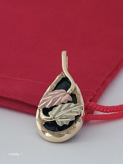 10K Black Hills, Yellow and Rose Gold Leaves and Onyx Teardrop Pendant, Solid Gold