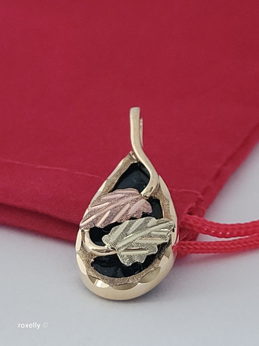 10K Black Hills, Yellow and Rose Gold Leaves and Onyx Teardrop Pendant, Solid Gold