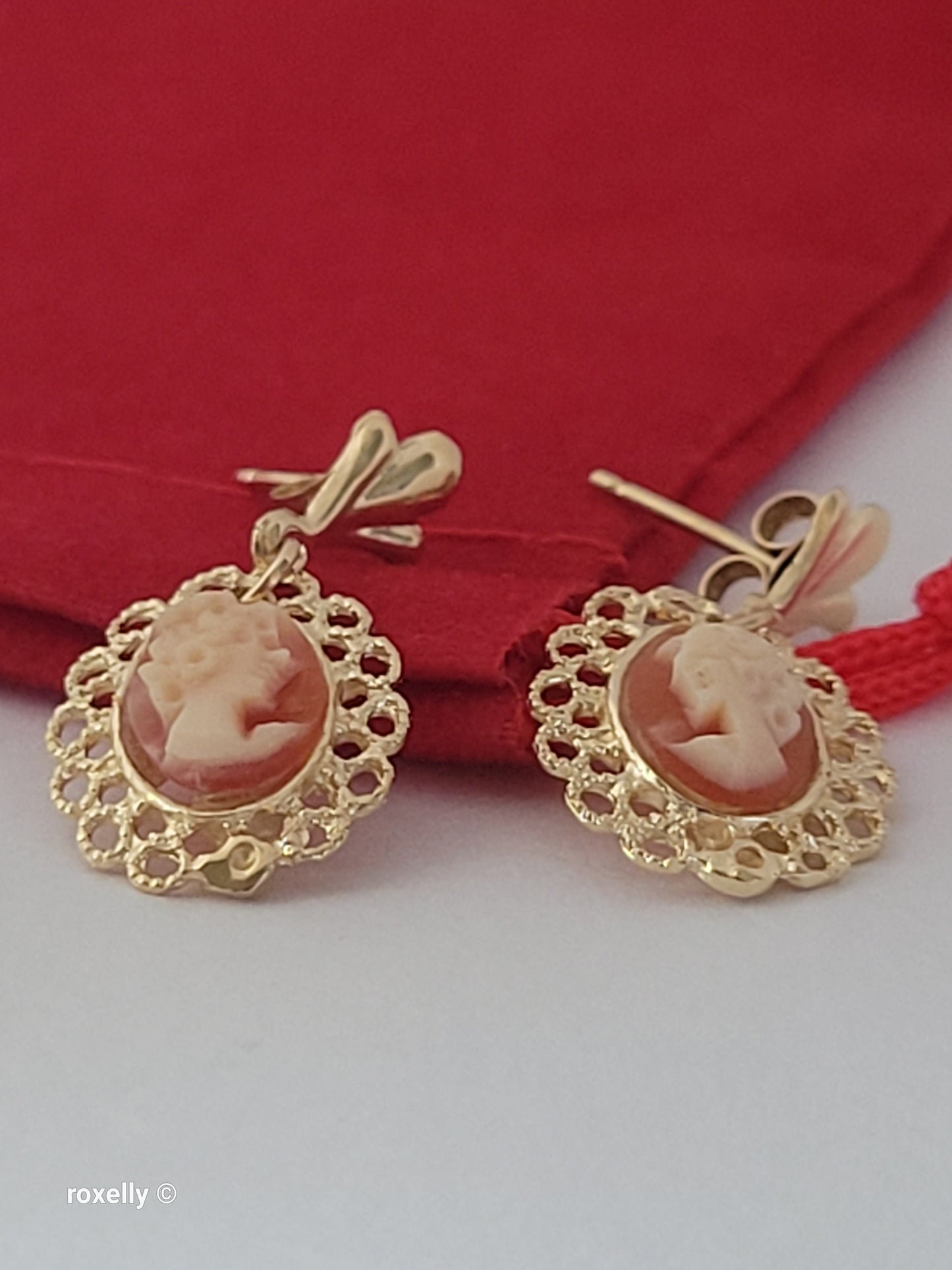 14K Yellow Gold Cameo Design Tiny Earrings, Solid Gold