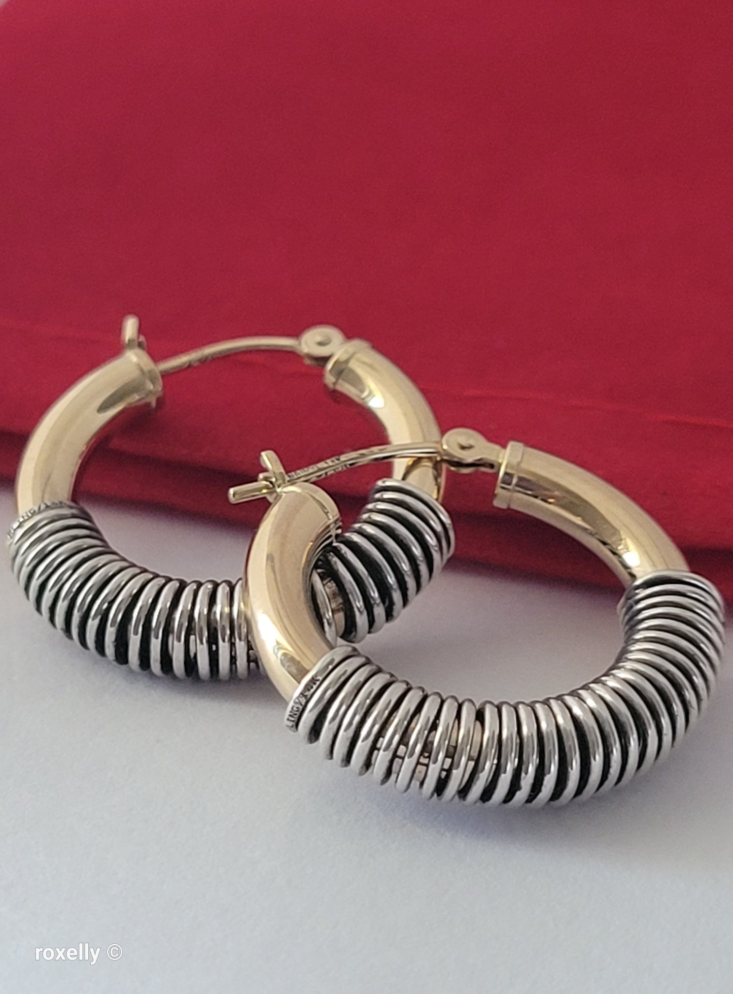 14K Solid Yellow Gold and Sterling Silver Spiral Hoop Earrings