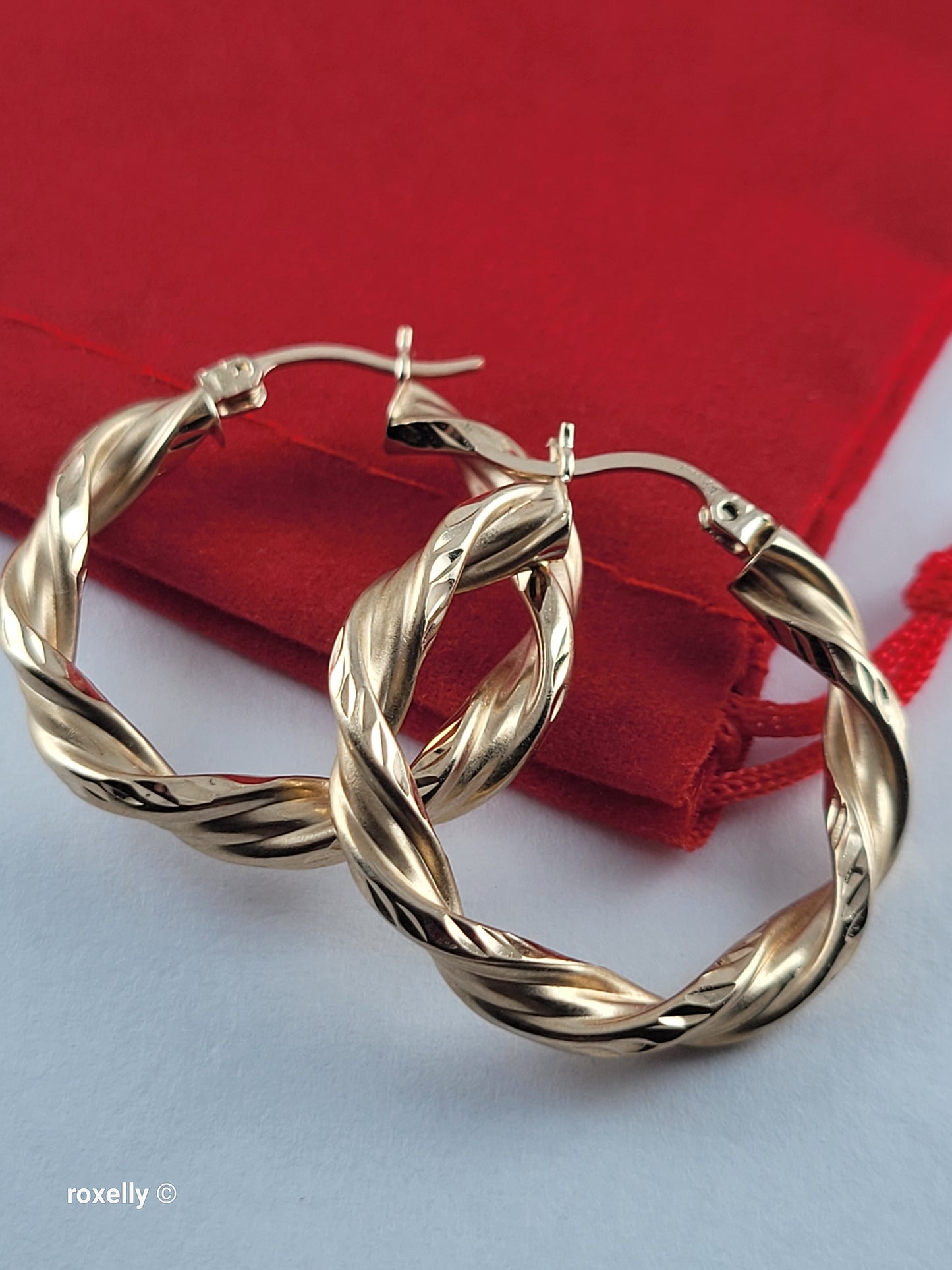 14K Yellow Gold Diamond-Cut Twisted Hoop Earrings, Satin Finish Solid Gold