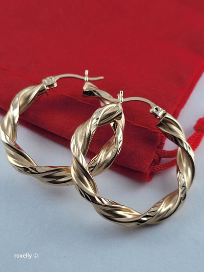 14K Yellow Gold Diamond-Cut Twisted Hoop Earrings, Satin Finish Solid Gold