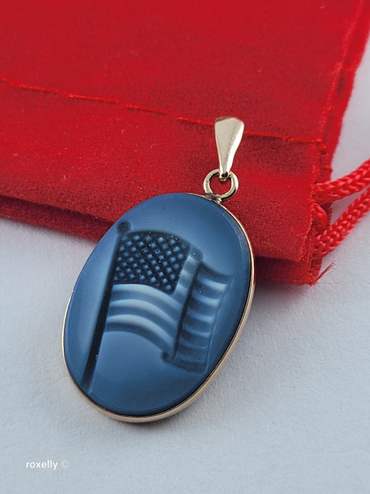 14K Yellow Gold American Flag “God Bless America” Small Pendant