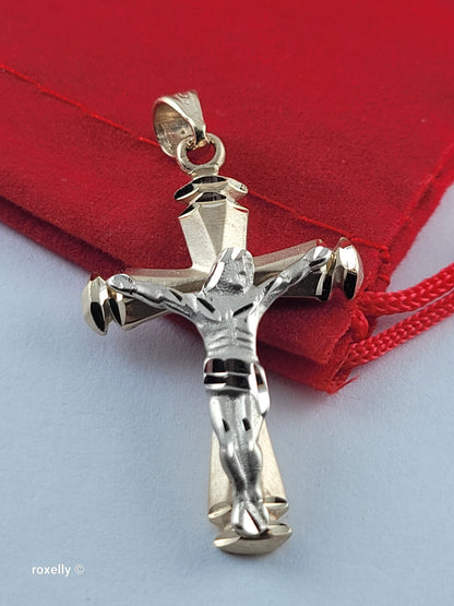 14K Two-Tone Yellow & White Gold Diamond-Cut Crucifix Pendant – Like New Condition