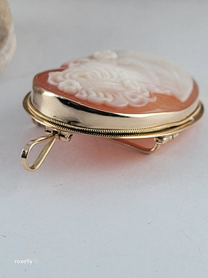 Vintage 14K Gold Italian Cameo Brooch/Pendant – Classic Victorian Profile – Hand-Carved Shell