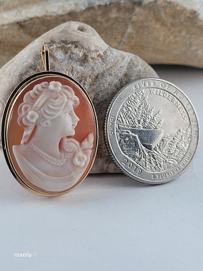 Vintage 14K Gold Italian Cameo Brooch/Pendant – Classic Victorian Profile – Hand-Carved Shell