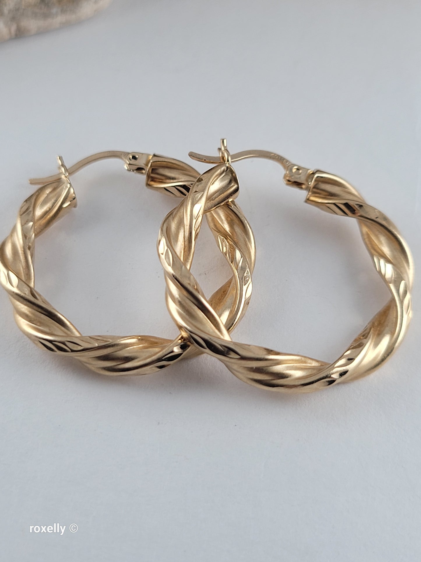 14K Yellow Gold Diamond-Cut Twisted Hoop Earrings, Satin Finish Solid Gold