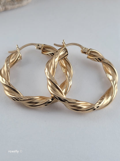 14K Yellow Gold Diamond-Cut Twisted Hoop Earrings, Satin Finish Solid Gold