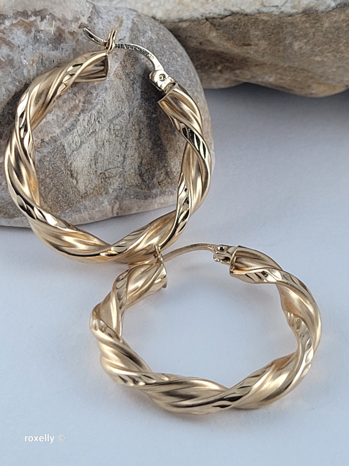 14K Yellow Gold Diamond-Cut Twisted Hoop Earrings, Satin Finish Solid Gold