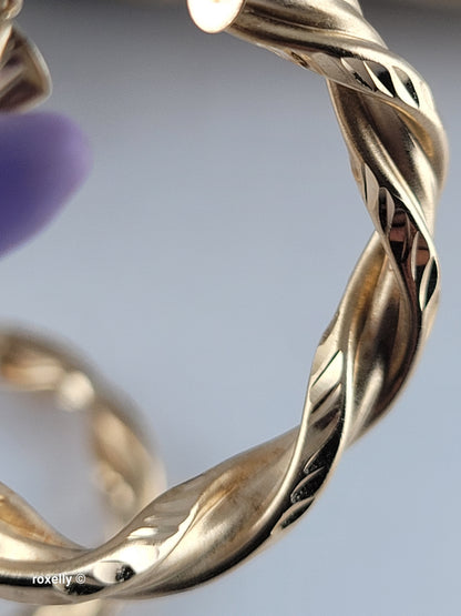 14K Yellow Gold Diamond-Cut Twisted Hoop Earrings, Satin Finish Solid Gold