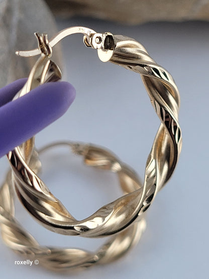 14K Yellow Gold Diamond-Cut Twisted Hoop Earrings, Satin Finish Solid Gold