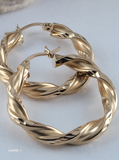 14K Yellow Gold Diamond-Cut Twisted Hoop Earrings, Satin Finish Solid Gold