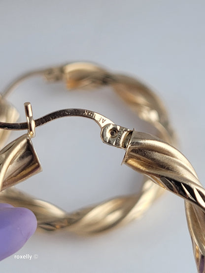 14K Yellow Gold Diamond-Cut Twisted Hoop Earrings, Satin Finish Solid Gold