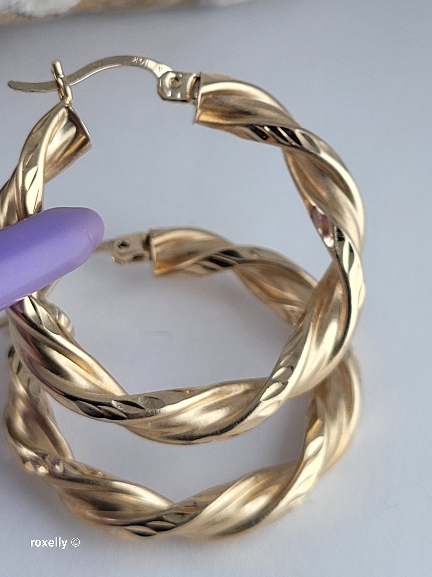 14K Yellow Gold Diamond-Cut Twisted Hoop Earrings, Satin Finish Solid Gold