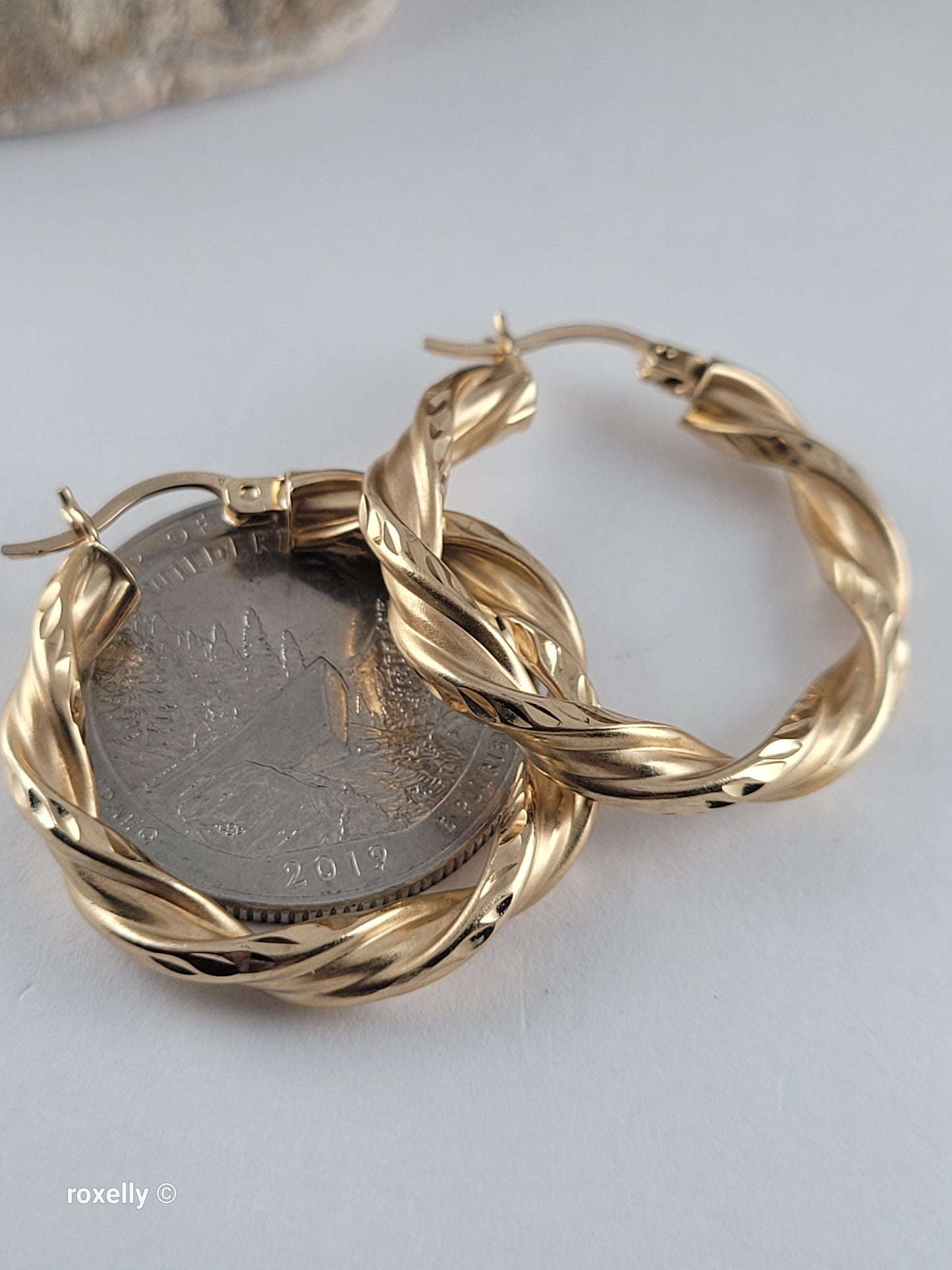 14K Yellow Gold Diamond-Cut Twisted Hoop Earrings, Satin Finish Solid Gold