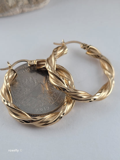 14K Yellow Gold Diamond-Cut Twisted Hoop Earrings, Satin Finish Solid Gold