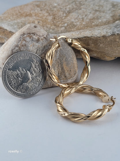 14K Yellow Gold Diamond-Cut Twisted Hoop Earrings, Satin Finish Solid Gold