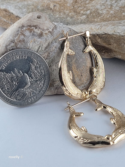 14K Solid Yellow Gold Double Dolphin Hoop Earrings – Perfect Condition