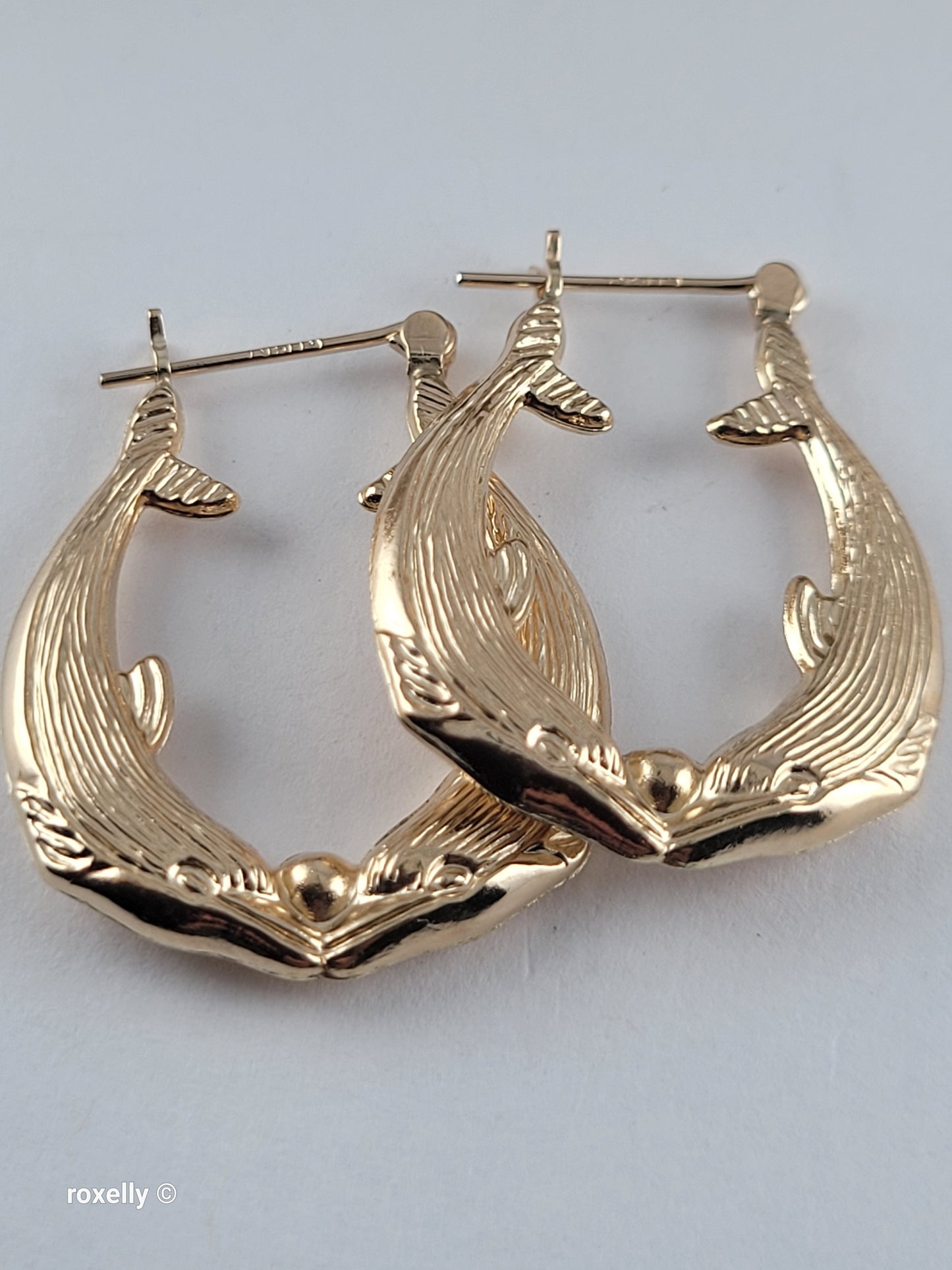 14K Solid Yellow Gold Double Dolphin Hoop Earrings – Perfect Condition