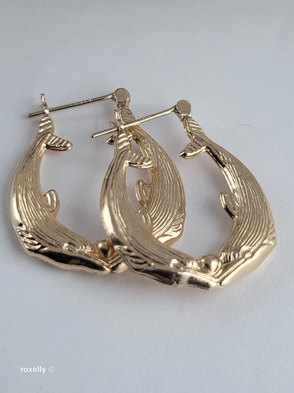 14K Solid Yellow Gold Double Dolphin Hoop Earrings – Perfect Condition