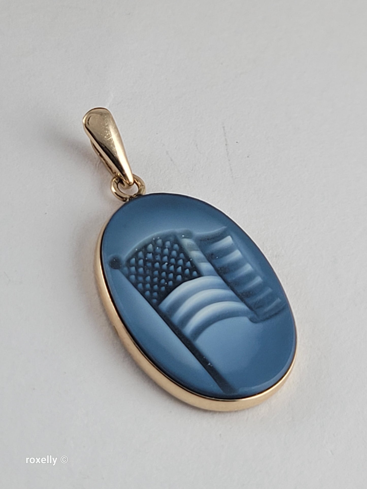14K Yellow Gold American Flag “God Bless America” Small Pendant