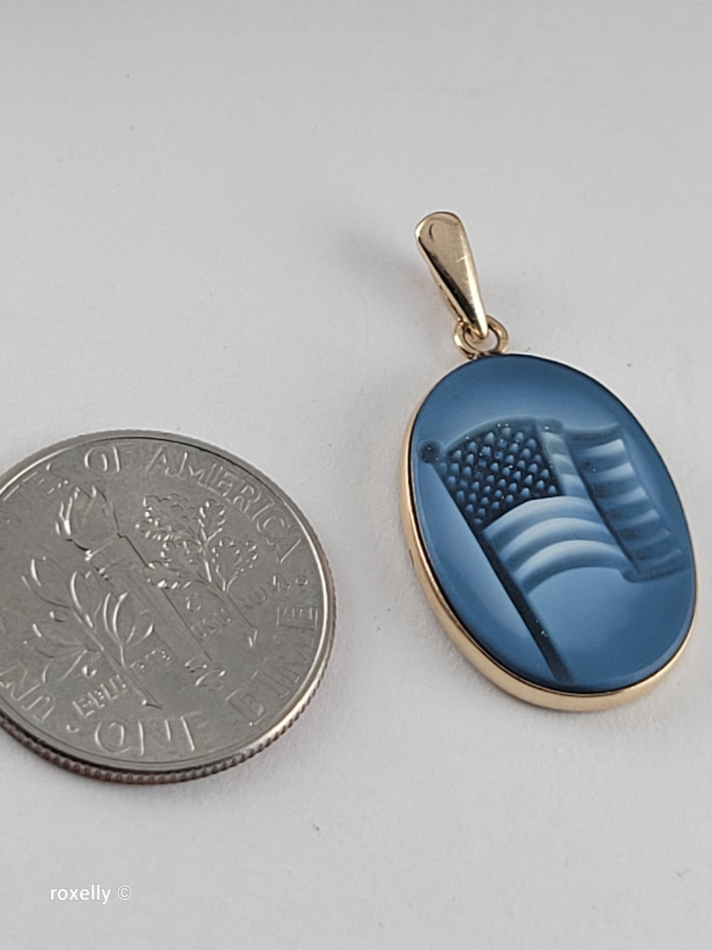 14K Yellow Gold American Flag “God Bless America” Small Pendant