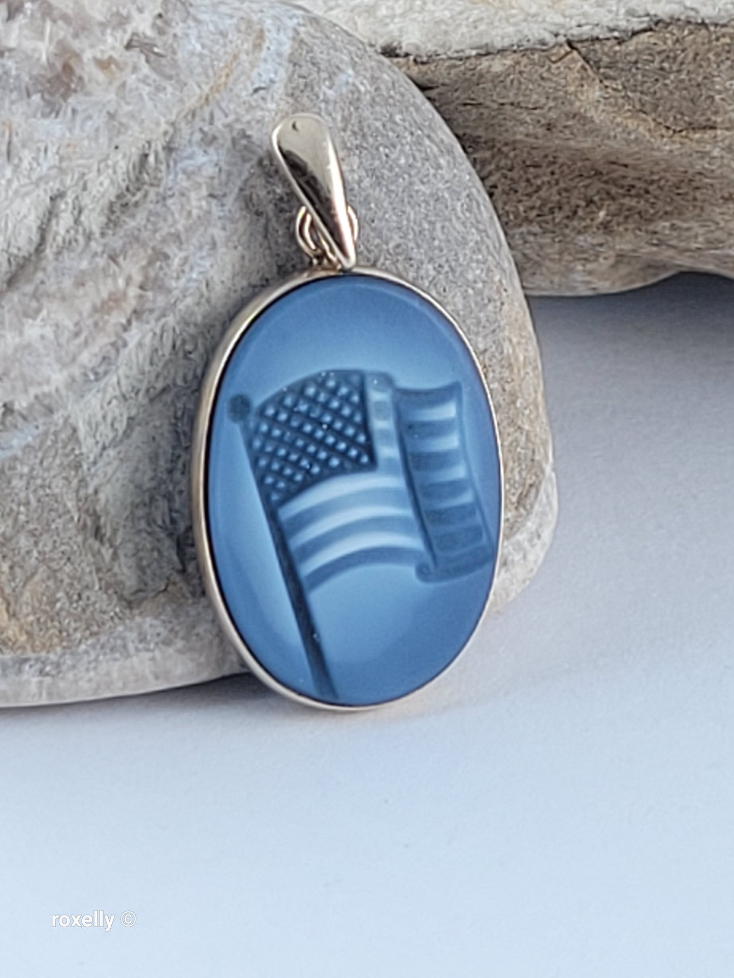 14K Yellow Gold American Flag “God Bless America” Small Pendant