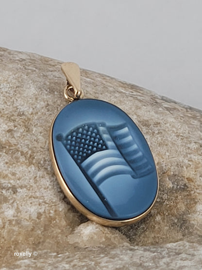 14K Yellow Gold American Flag “God Bless America” Small Pendant